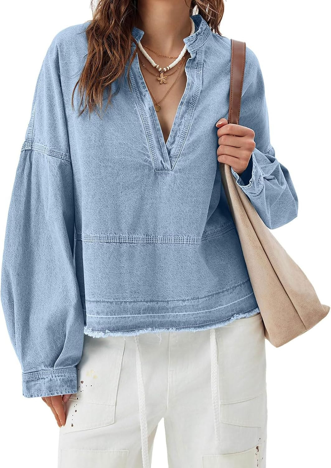 loveimgs Women Oversized Denim Shirt Sweatshirt V Neck Long Sleeve Y2k Jean Shacket Denim Blouse Hoodie Pullover Top | Amazon (US)