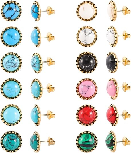 12 Pairs Multi Gemstone Turquoise Stud Earrings Gold Plated Stainless Steel Gem Stone Stud Earrin... | Amazon (US)