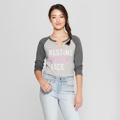 Women's 3/4 Sleeve Resting Witch Face Graphic Raglan T-Shirt - Grayson Threads (Juniors') Heather Gr | Target