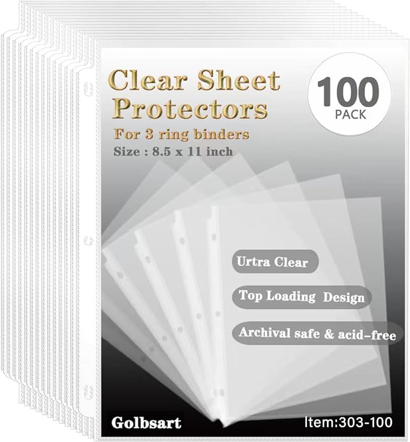 Sheet Protectors 8.5 x11 Inch, 100 Pack Page Protectors for 3 Ring Binder, Top Loading Plastic Sl... | Amazon (US)