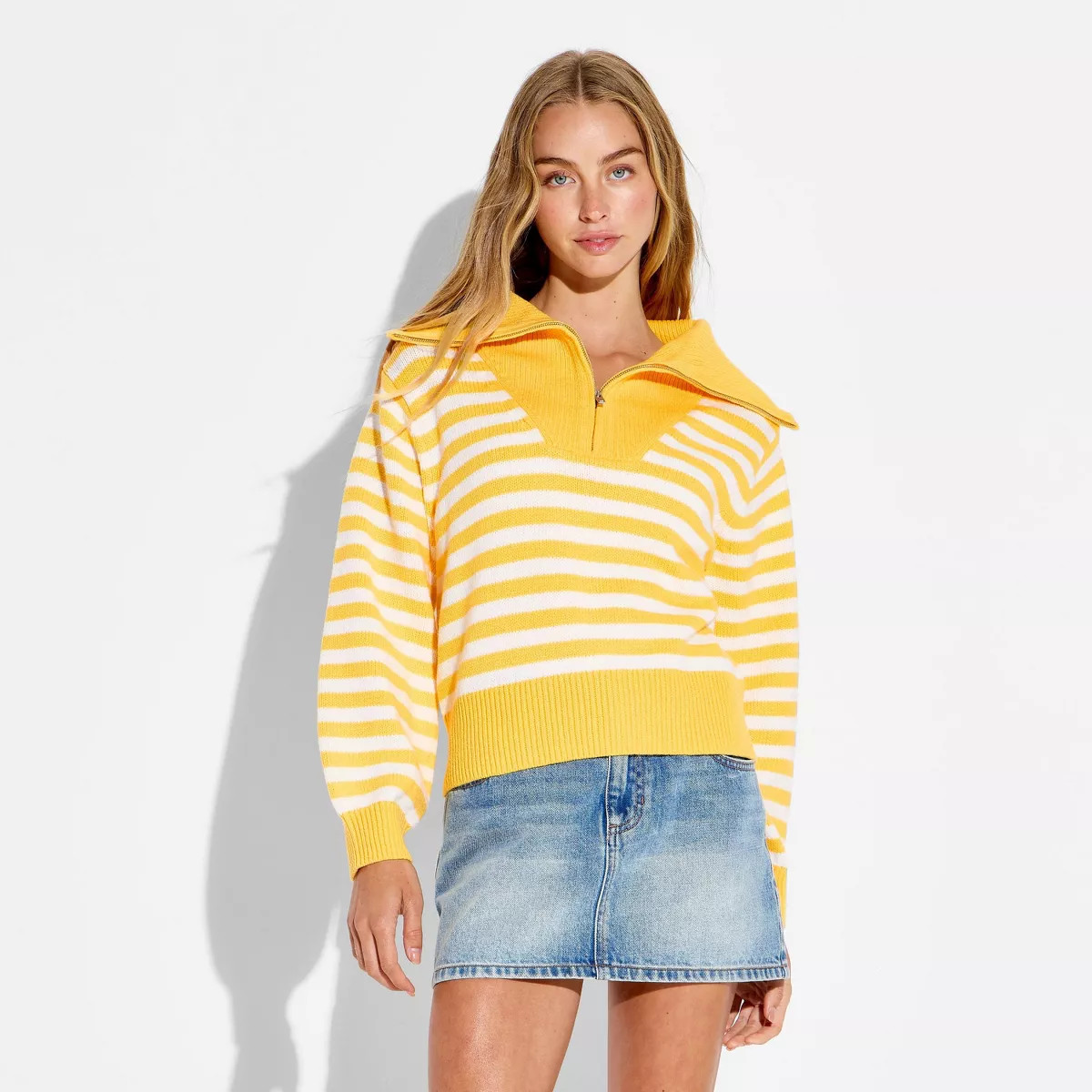 Women's Long Sleeve Quarter Zip Polo Sweater - Wild Fable\u2122 Yellow Striped M | Target
