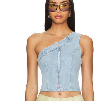 Denim top. One shoulder top. High rise jeans. Sandals. Revolve. 

#LTKFindsUnder100 #LTKShoeCrush #LTKStyleTip