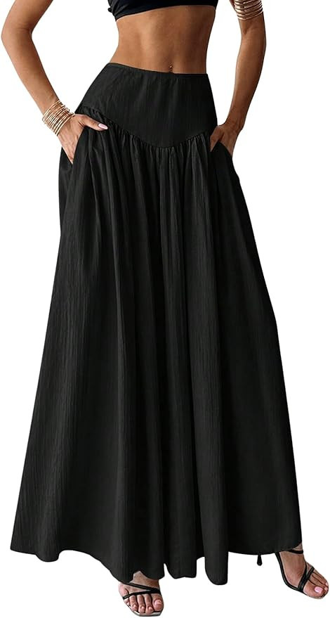 Milumia Women's Pleated Flowy Long Skirts High Waist Maxi Skirt with Pocket | Amazon (US)