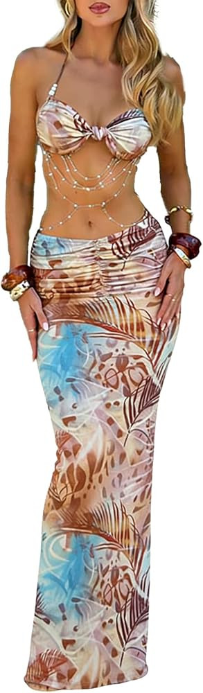 Women's Two Piece Maxi Skirt Sets Summer Beach Sexy Ruched Backless Pearls Chain Decor Crop Top a... | Amazon (US)