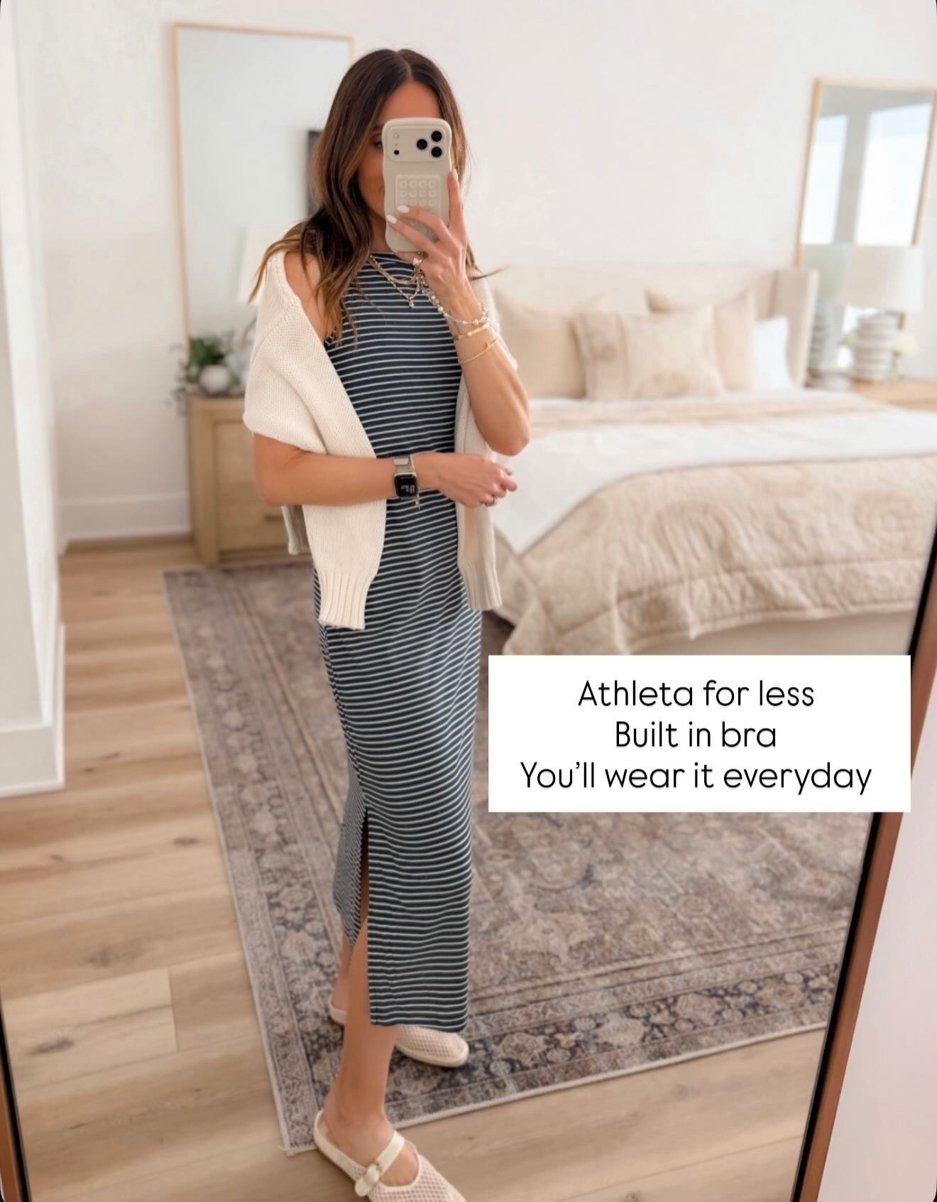 The striped dress is so good. Layering with this cozy sweater makes it so easy to wear every day, and I love that it had a built in bra.

striped dress, casual chic, everyday style, cozy layering, summer outfit ideas, neutral accessories, effortless style, comfortable fashion, elevated basics, annabrstyle

#LTKSeasonal #LTKOver40 #LTKootd