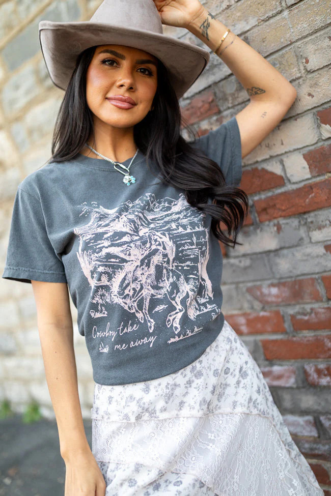 Cowboy Take Me Away Dark Grey Graphic Tee | Pink Lily