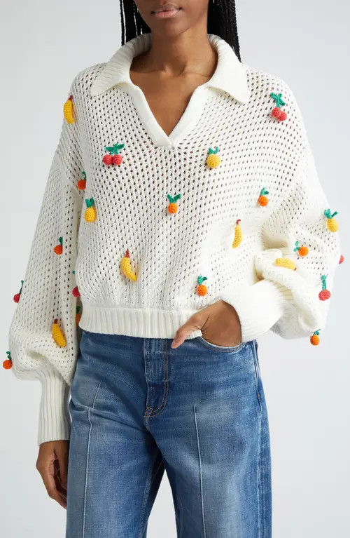 FARM Rio Open Stitch Crochet Fruit Johnny Collar Cotton Sweater in Off-White at Nordstrom, Size Xx-Small | Nordstrom
