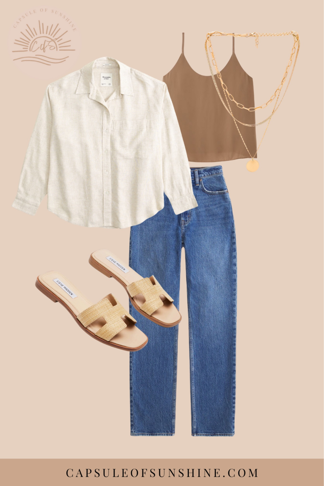 Capsule Wardrobe Series 

I loveeee this outfit for a casual cool summer day. Featuring a tan tank top paired with high-waisted blue jeans, and a beige linen button-up. Paired with Steve Madden sandals and a layered gold necklace to complete the look. Ideal for a day of shopping or a casual lunch with friends.

tan tank top | high-waisted blue jeans | beige button-up shirt | beige slide sandals | layered gold necklace | casual chic | relaxed style | linen shirt | cool summer style 

#CapsuleOfSunshine #CasualChic #EffortlessStyle #FashionInspo #WardrobeEssentials #StyleInspiration #DailyOutfit #RelaxedFashion #OOTD #CapsuleWardrobe #ClosetStaples 

#LTKShoeCrush #LTKSummerSales #LTKStyleTip