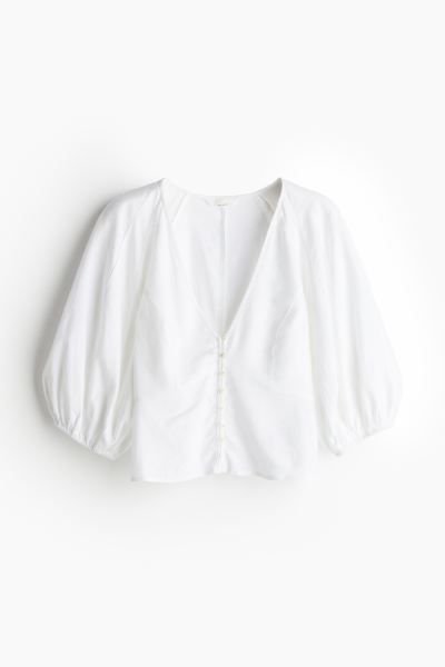Linen-blend Blouse - V-neck - 3/4 sleeve - White - Ladies | H&M US | H&M (US + CA)