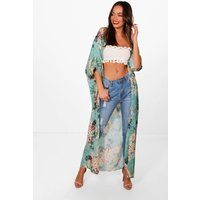 Womens Oriental Floral Print Maxi Kimono - Green - S/M, Green | Boohoo.com (UK & IE)