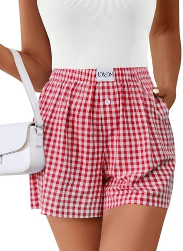Lomon Boxer Shorts for Women Summer Gingham Pajamas 2026 Lounge Sleep Pj Plaid Shorts Y2K Beach B... | Amazon (US)