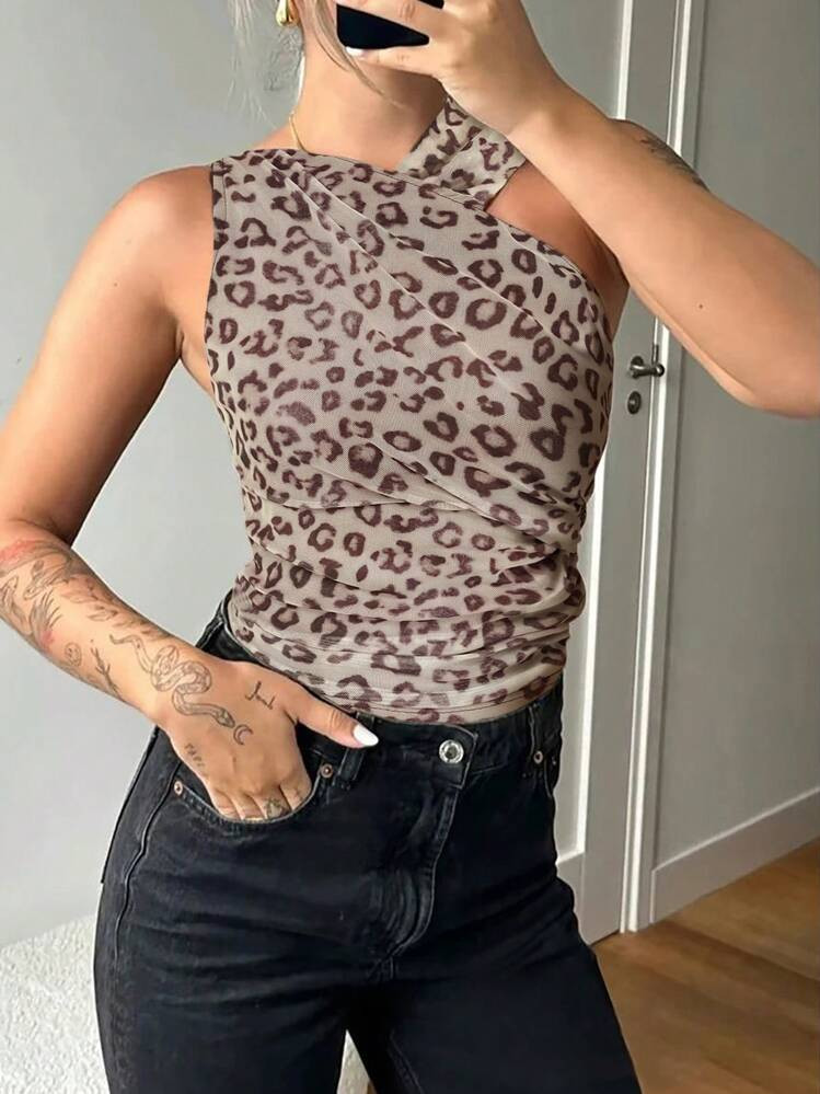 INAWLY Ärmellose Bluse Mit Asymmetrischem Ausschnitt Und Leopardenmuster, Cheetah Muster T-Shirts Frauen Tops | SHEIN