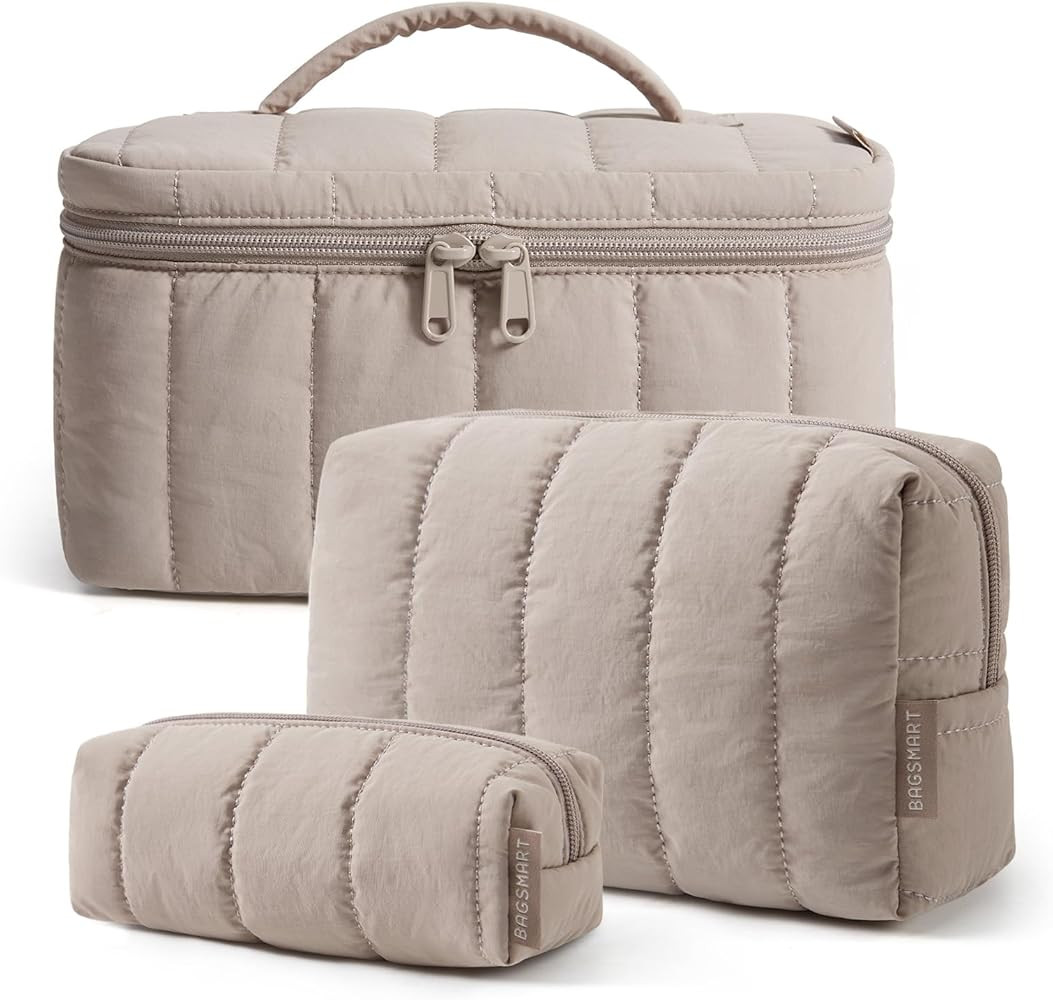 BAGSMART Travel Makeup Bag Set, 3 Pc Puffy Cosmetic Pouch, Camel | Amazon (US)