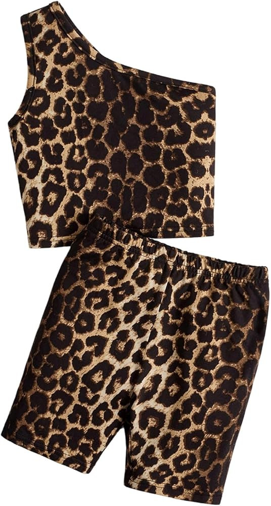WDIRARA Girl's 2 Piece Outfits Leopard One Shoulder Tank Biker Shorts Set | Amazon (US)