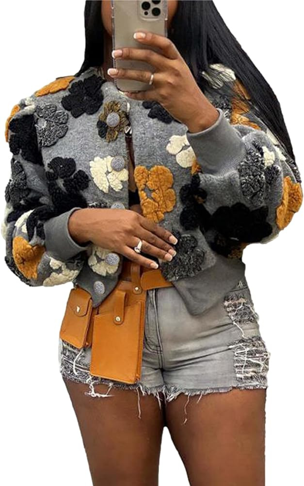Women's Cropped Floral Print Jacket Long Sleeve Fleece Warm Bomber Jacket Lightweight Button Down... | Amazon (US)