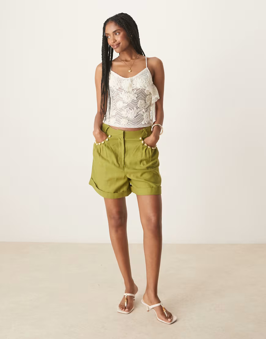 ASOS DESIGN tailored linen look a-line shorts with pearl detail in olive-Green | ASOS (Global)