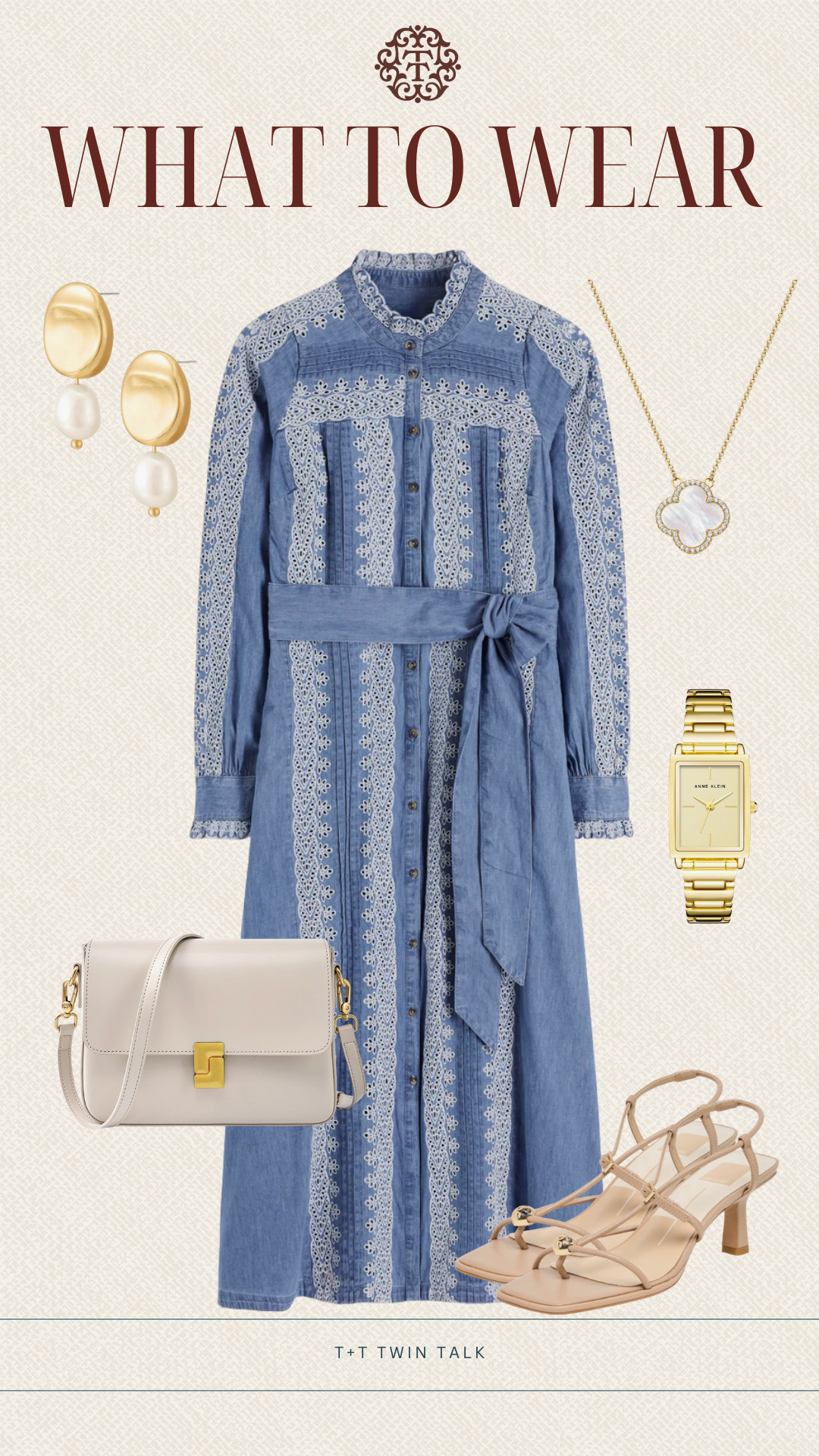 T+T, what to wear! We styled this Nordstrom denim dress with an elegant necklace for a polished look! We added kitten heels, a watch and a bag from amazon to keep a balanced look for everyday plans or a casual dinner out! 

 #LTKSeasonal #LTKOver40 #LTKMidsize