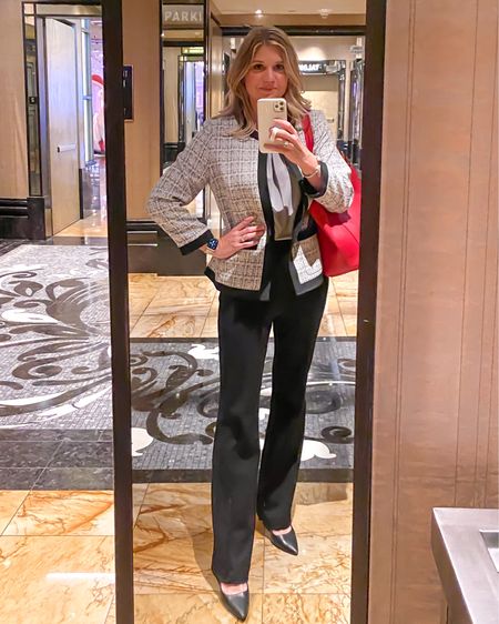 Business professional corporate  conference outfit. Black pants with flared bottom makes for a lovely silhouette paired with classic black pumps (love Sam Edelman Hazel). Fitted jacket adds such a sleek tone that gives you a powerhouse girl boss vibe  

#LTKshoecrush #LTKstyletip #LTKworkwear