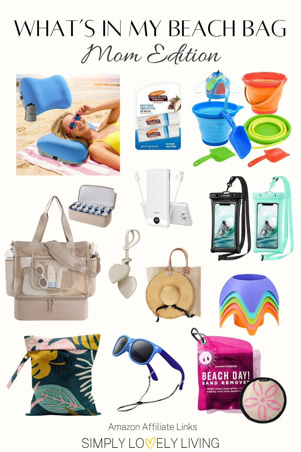 Mom beach bag must-haves! Collapsible sand castle set. Inflatable beach pillow. Large mesh beach bag with cooler compartment. Portable wireless phone charger. Waterproof phone holder. Cocoa butter lip balm. Beach hat hook for purse. Sand cup holders. Wet bag. Sunglasses for kids that hang on neck. Sand remover! #beach #beachbag #summer

#LTKTravel #LTKSwim #LTKKids