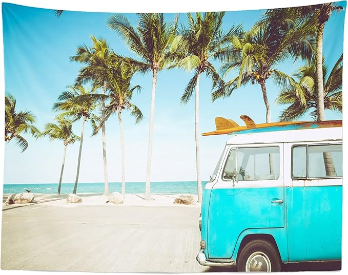 BELECO 9x6ft Fabric Tropical Beach Backdrop Vintage Blue Bus Surfboard Holiday Travel Camping Bac... | Amazon (US)