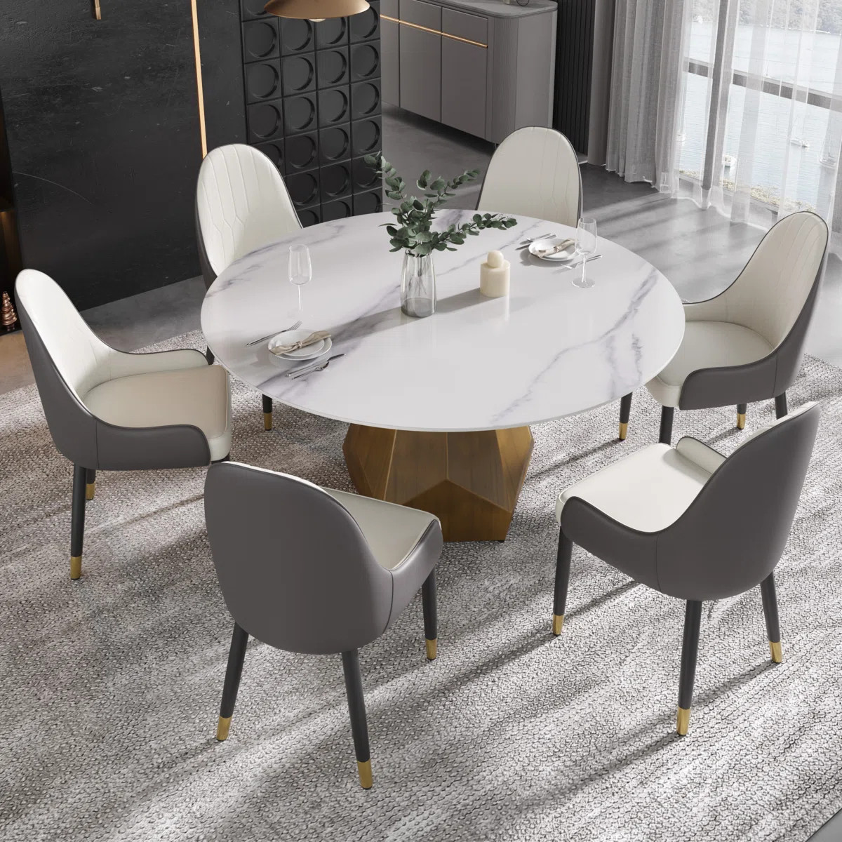 7 - Piece Stone Top Pedestal Dining Set | Wayfair North America