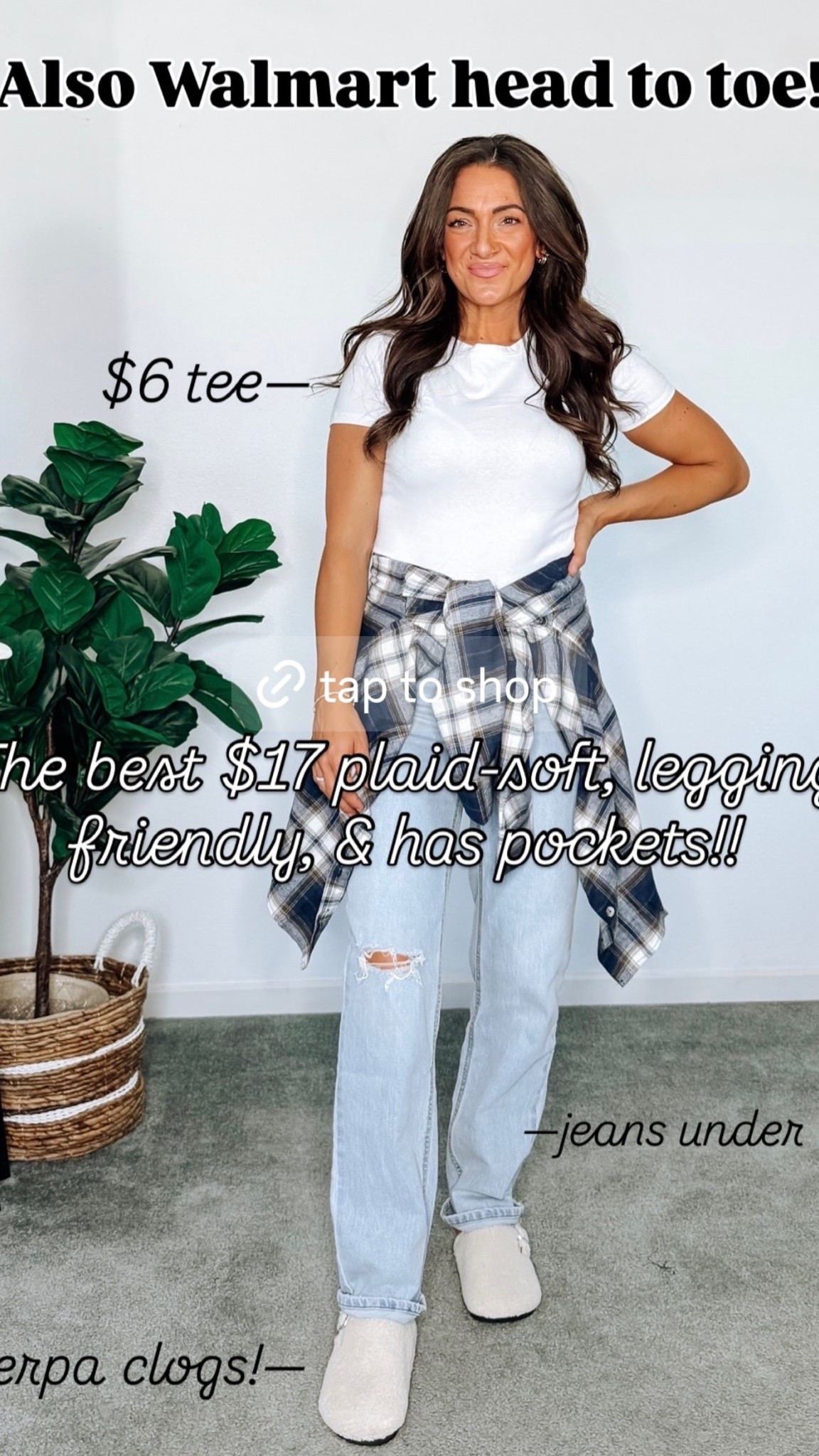 Love this casual fall outfit from Walmart!! These jeans are so good!! TTS and under $20! Plaid is super soft, perfectly oversized for leggings, and has pockets! 

#LTKStyleTip #LTKPetite #LTKFindsUnder50