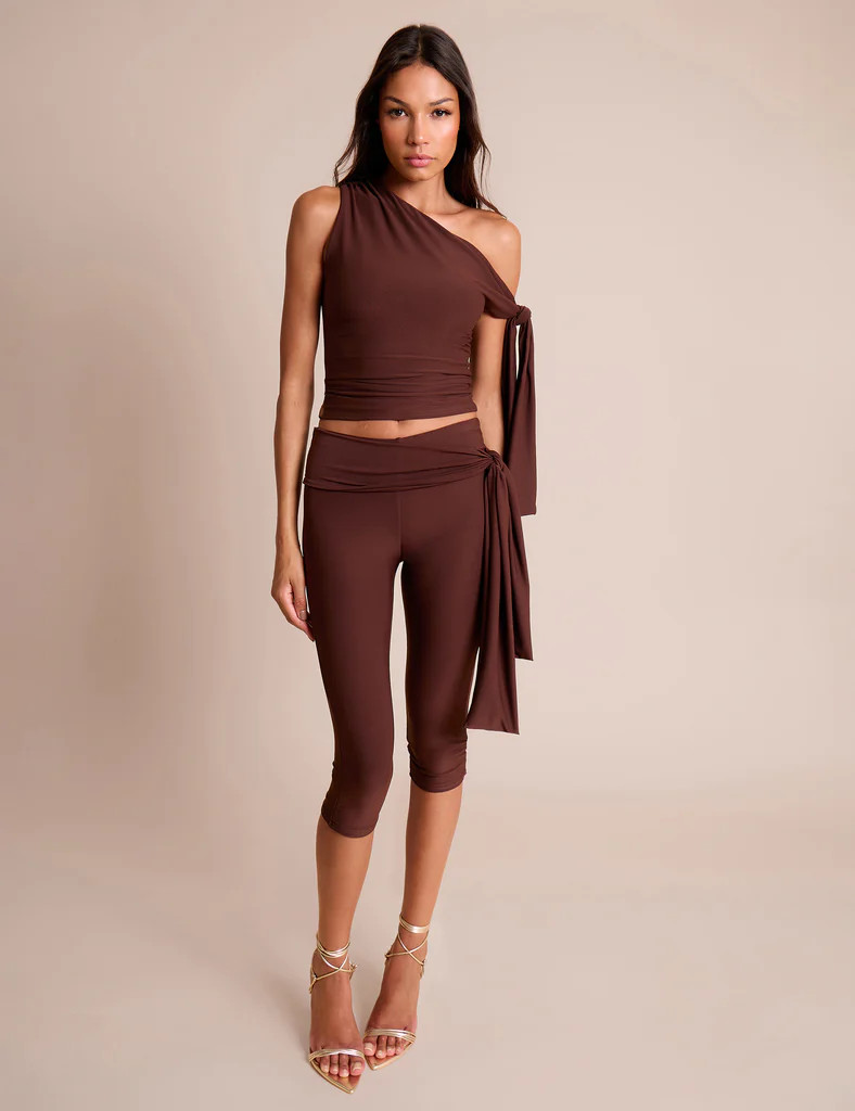 Knot Detail Tie Side Luxe Slinky Capri Pants Chocolate | Public Desire