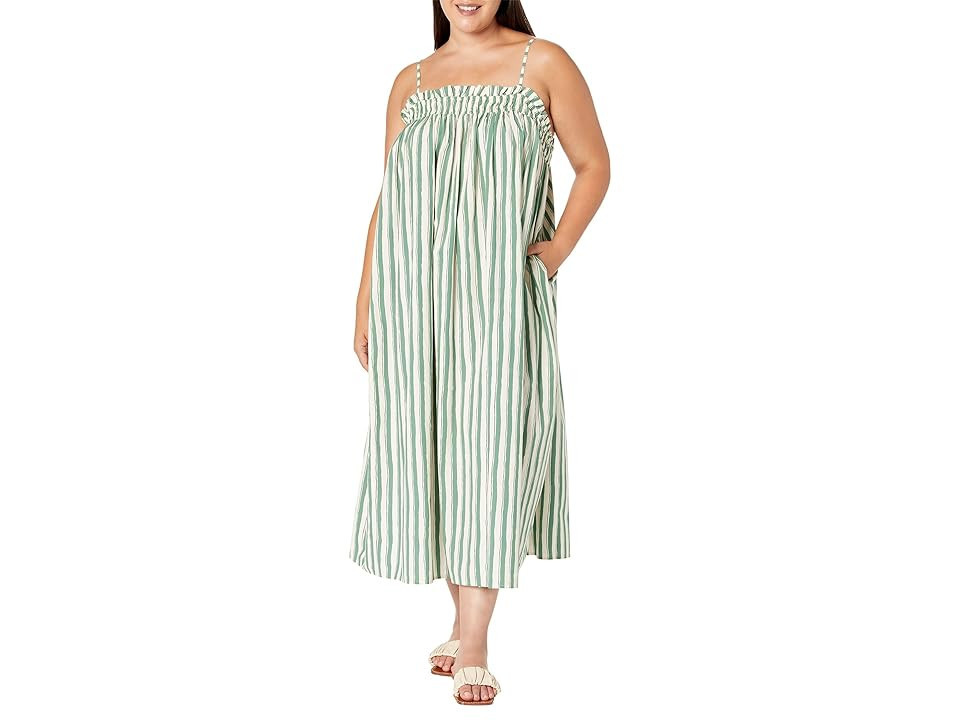 Madewell Plus Poplin Ruffle A-Line Midi Dress in Stripe (Artist Stripe Versailles Green) Women's Dress | Zappos