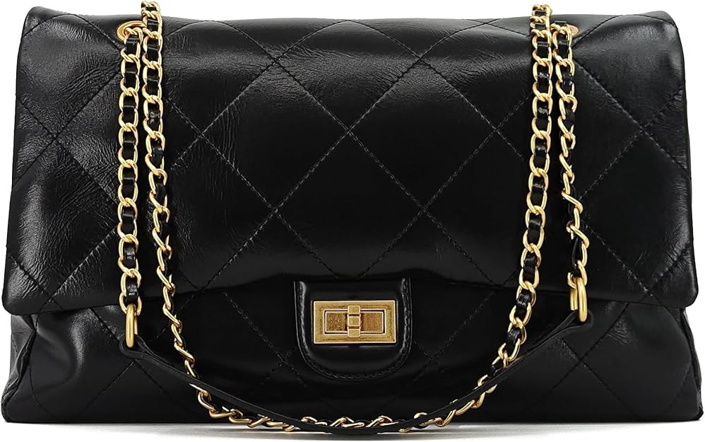 Large Quilted Leather Shoulder Bag for Women, Oversize Double Gold Chain Strap Tote Bag, Classic ... | Amazon (US)