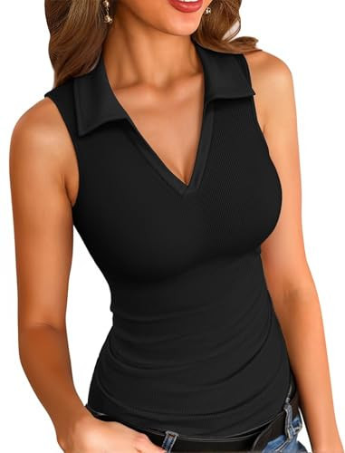 VICHYIE Womens Sleeveless Tank Tops Collared V Neck Slim Fitted Summer Ribbed Knit Tshirt Polo Tops Black L | Amazon (US)