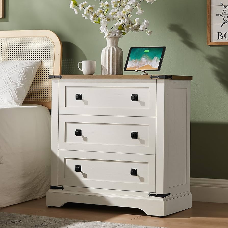 T4TREAM 32" Farmhouse Nightstand with Charging Station, Large End Table with 3 Storage Drawers, R... | Amazon (US)
