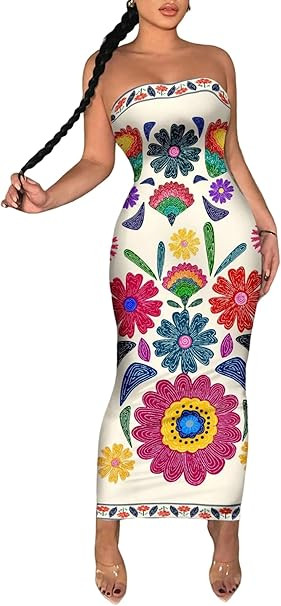 Ulovmi Women's Summer Boho Floral Strapless Maxi Tube Dress Sleeveless Bodycon Long Dresses | Amazon (US)
