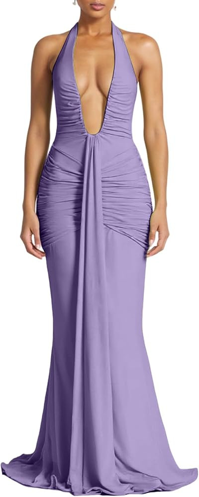 SHINFY Women Summer Halter Maxi Dress Ruched Bodycon V Neck Formal Cocktail Party Evening Dress | Amazon (US)