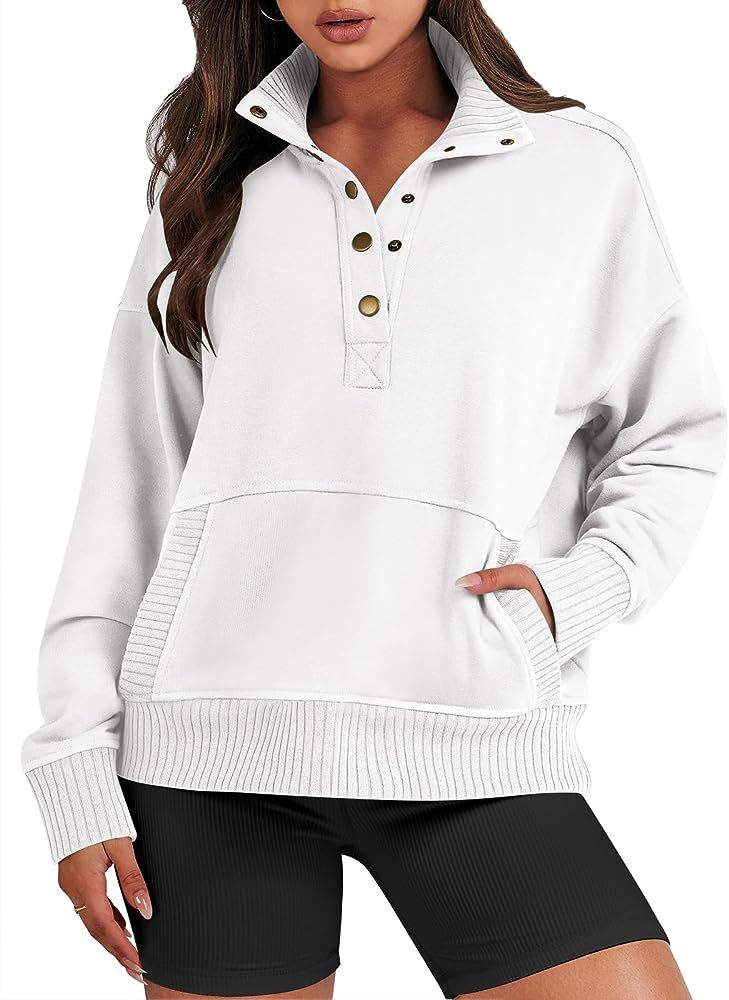 Women's Casual Long Sleeve Sweatshirt Button Up V Neck Loose Henley Pullover Tops with Pockets | Amazon (US)