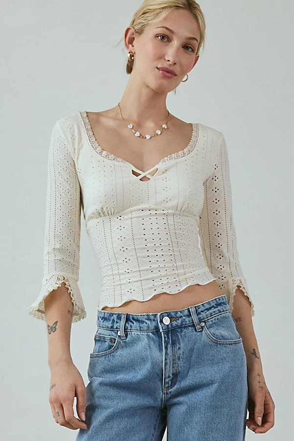 Kimchi Blue Zarina 3/4 Bell Sleeve Eyelet Knit Crop Top in White, Women's at Urban Outfitters | Urban Outfitters (US and RoW)