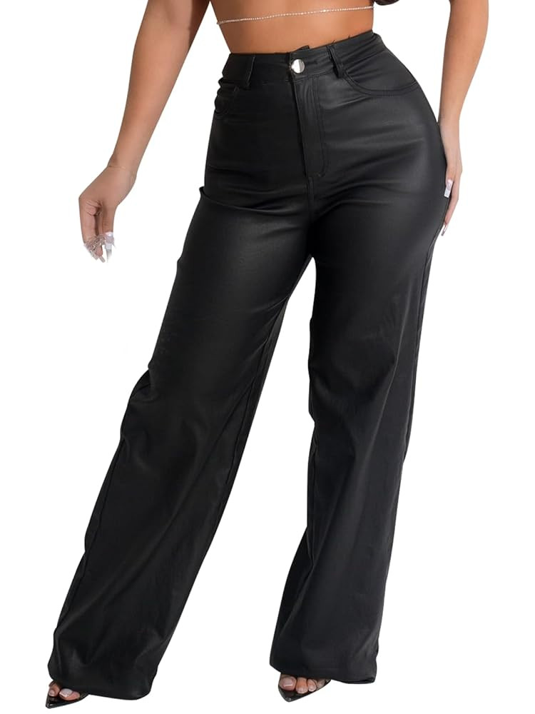 Zebaexf Women's High Waist Faux Leather Pants Straight Leg Jeans Leather Look Pants | Amazon (US)