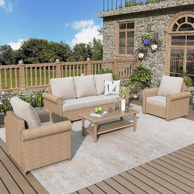 Patio Furniture Set 4 pcs, Wicker Outdoor Patio Furniture, 3-Seat Sofa, 2 Single Chairs and Coffe... | Amazon (US)
