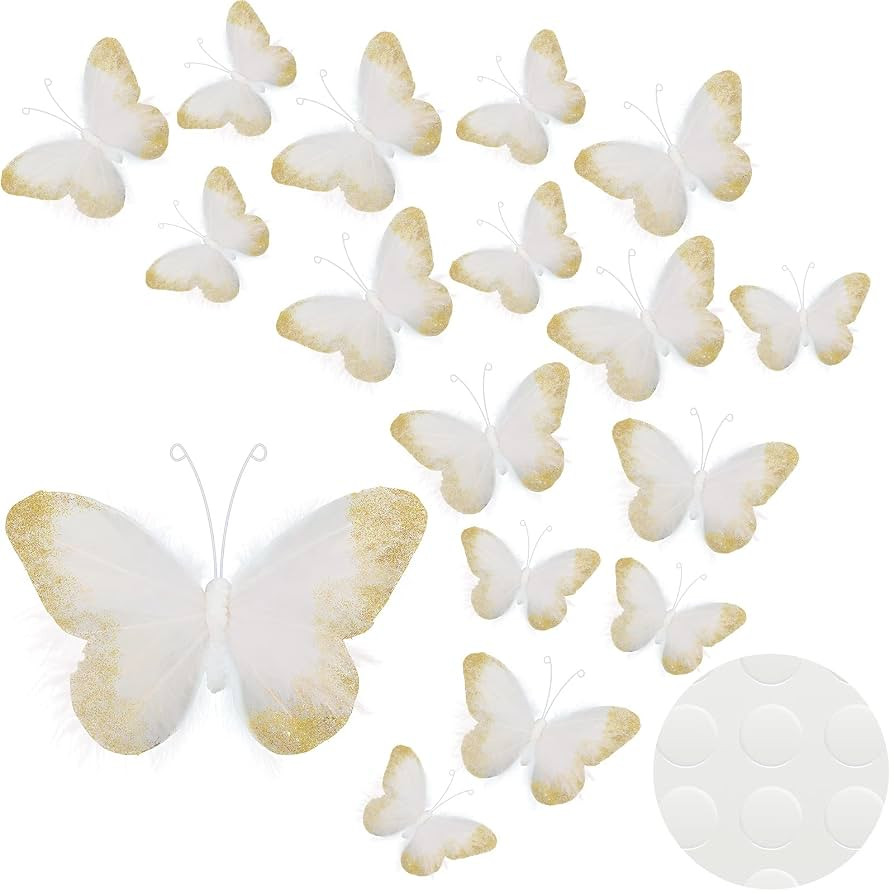 16 Pieces Feather 3D Butterfly Wall Decals Gold Glitter Butterfly Decor Stickers for Room Offices... | Amazon (US)