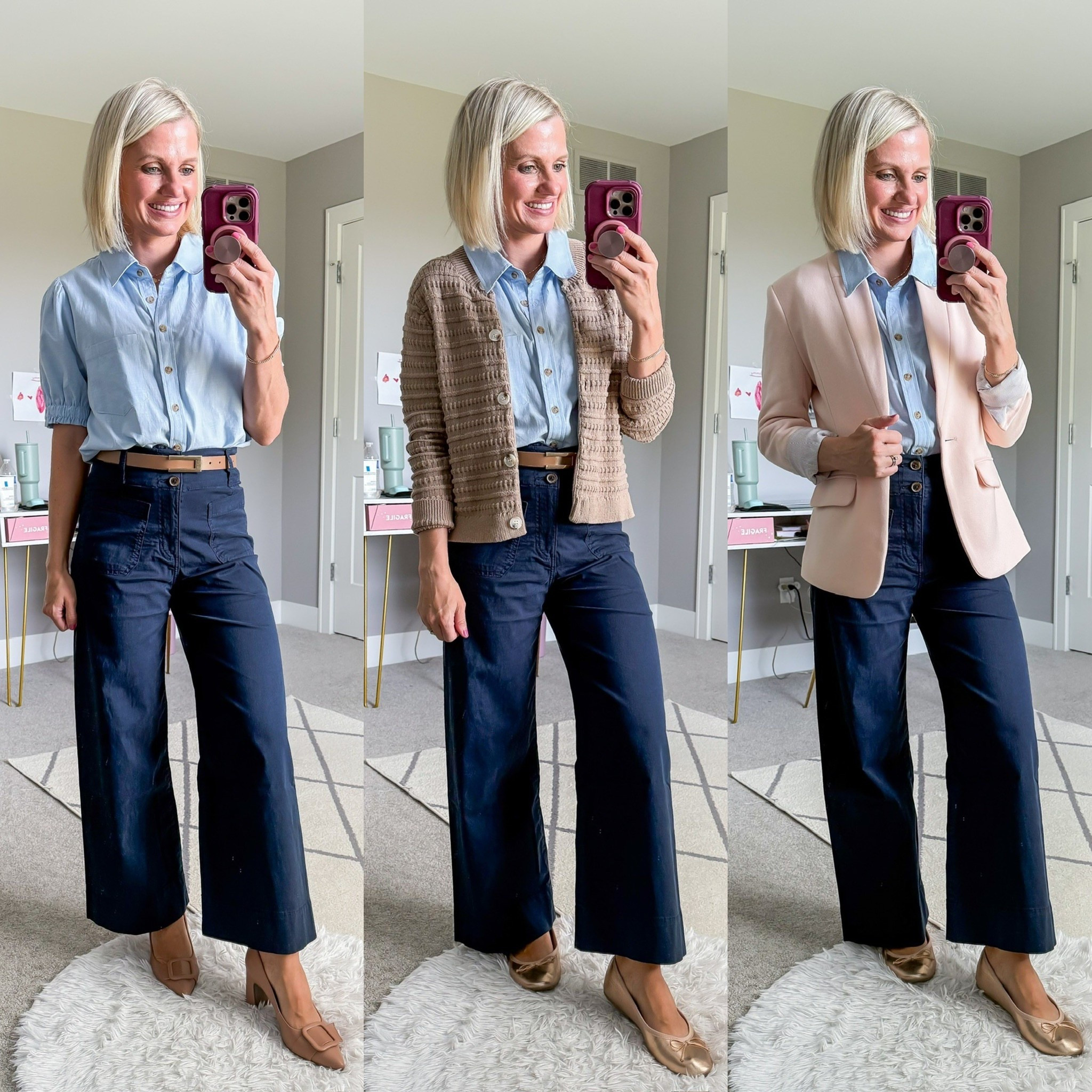 Teacher outfits with navy pants! Pants- 0 || chambray shirt- small || tan cardigan- small || pink blazer- xsmallL

#LTKWorkwear #LTKStyleTip #LTKPetite
