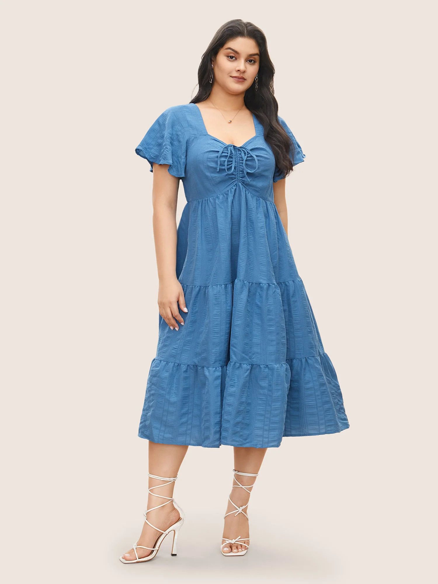 Plain Ruched Drawstring Pocket Ruffle Tiered Dress | Bloomchic