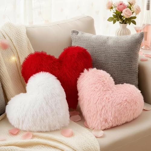 Bucherry 3 Pcs Valentine's Day Heart Throw Pillows, Red White Pink Heart Pillow Soft Decorative Back Cushion for Girls Women Bed Sofa Valentines Wedding Gifts Home Decor(Fluffy Plush,Without Ruffed) | Amazon (US)