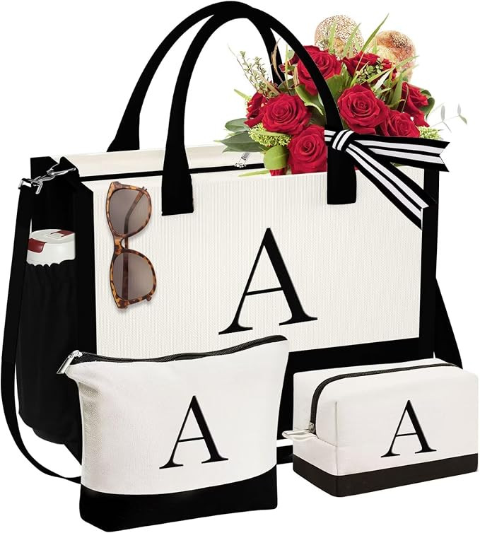 YOOLIFE Gifts for Women - 3 Pcs Initial Canvas Tote Bag & Makeup Bags | Amazon (US)