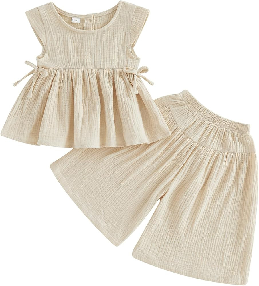 Baby Girl Summer Clothes Outfit Cotton Linen Sleeveless Ruffle Shirt and Wide Leg Pants Toddler G... | Amazon (US)