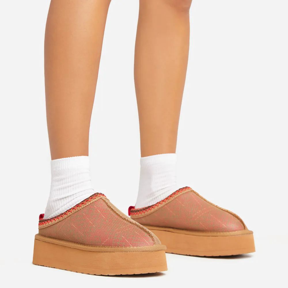Tazzi Orange Aztec Detail Faux Fur Lining Platform Slipper In Chestnut Brown | EGO Shoes (US & Canada)