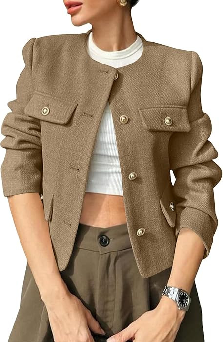 Cicy Bell Womens Cropped Tweed Blazers Jacket Collarless Button Down Coats | Amazon (US)