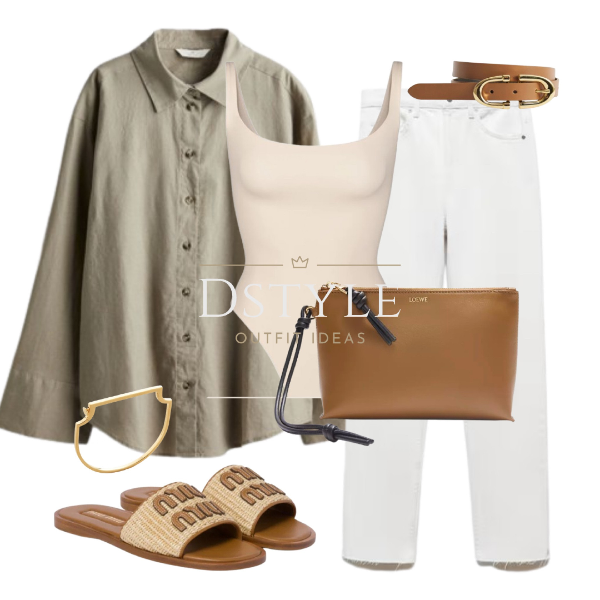 Linen blend shirt, square neck bodysuit, white jeans, flat slide sandals, tan leather belt, tan leather bag. Ootd, spring style summer outfit, raffia slides, tan pouch bag, tan leather accessories, comfy yet stylish look, neutral outfit

#LTKstyletip #LTKitbag #LTKshoecrush