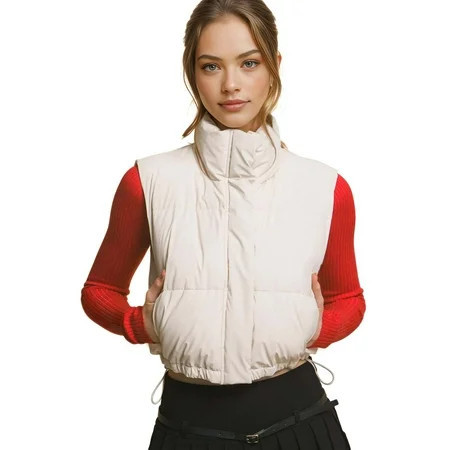 Love Tree Women s Juniors Cropped Faux Leather Puffer Vest (Ivory Large) | Walmart (US)