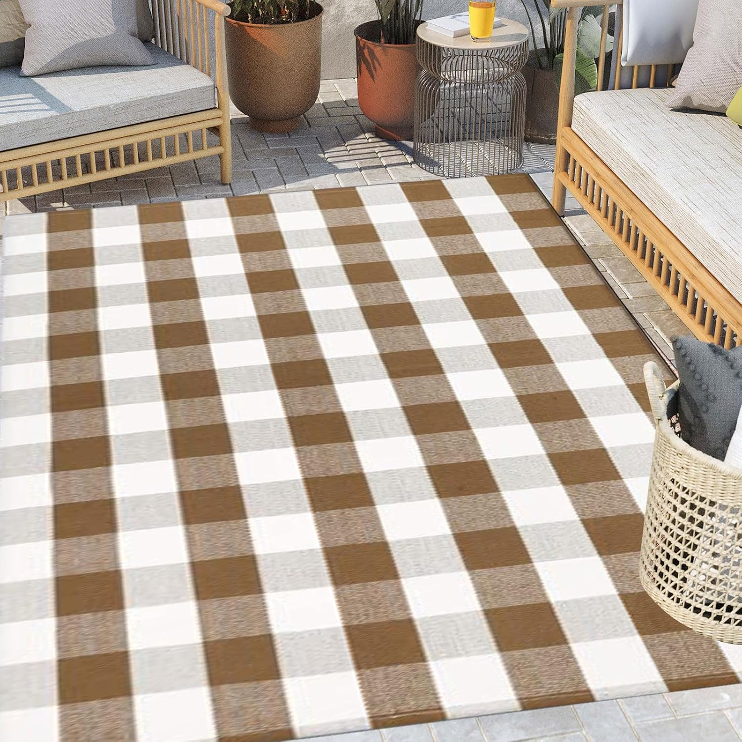 Buffalo Plaid Outdoor Rugs, 4' x 6' Brown and White Checkered Indoor/Outdoor Area Rug, Layering Rug for Hello/Welcome Door Mat, Washable Cotton Woven Farmhouse Mat for Fall Front Porch Décor | Amazon (US)