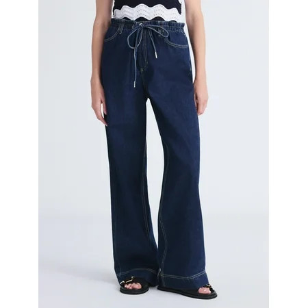 Free Assembly Women's and Women's Plus Loose Fitting Wide Leg Jeans with Adjustable Tie Waist, 32" Inseam, Sizes 0-26 | Walmart (US)