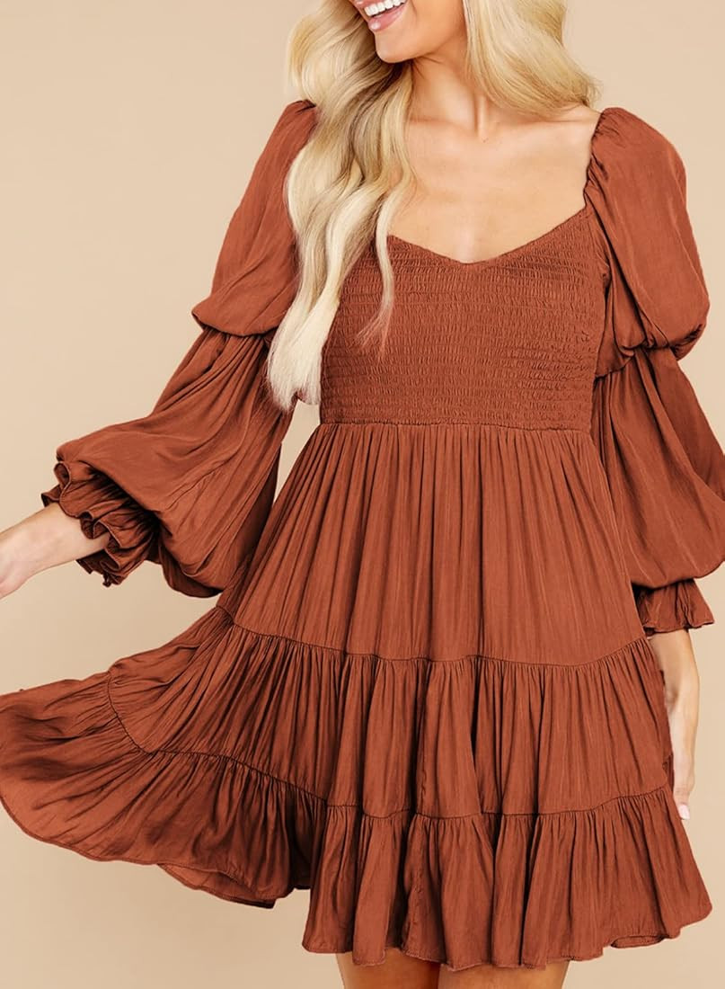 Dokotoo Womens 2022 Summer Fall Elegant Off The Shoulder V Neck Long Sleeve Ruffle Flowy Mini Short  | Amazon (US)